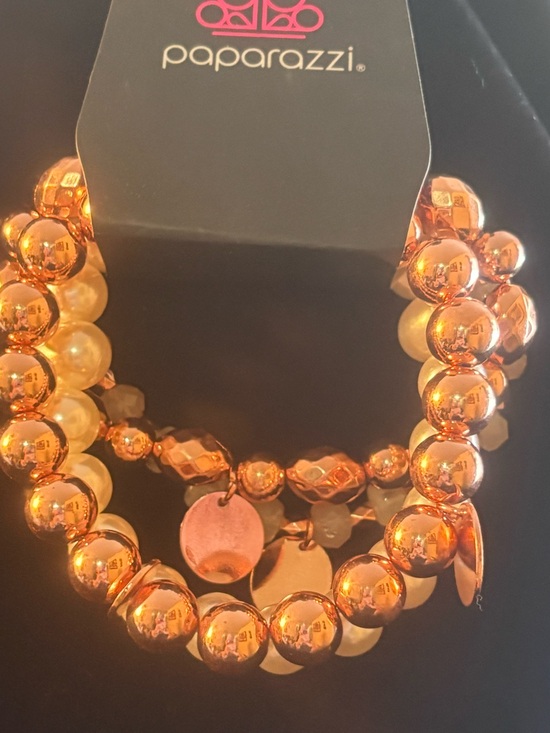 paparazzi Jewelry - Paparazzi Rose Gold Layered Beaded Bracelet with cream pearls and Coin Charms